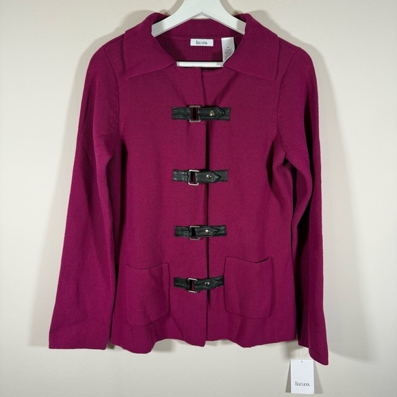 liz & co. Sweaters - NWT Liz&Co. Y2K Women’s Magenta Knit Sweater Jacket Leather Accents M